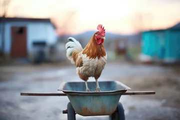 Fotobehang single chicken perched on rustic wheelbarrow at end of day © stickerside