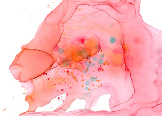 A translucent pink cloud. A massive fabulous animal with a humped back and a long tail. A lush galaxy with red and blue small dots. Exotic background. Abstract wallpaper in the technique of fluid art.