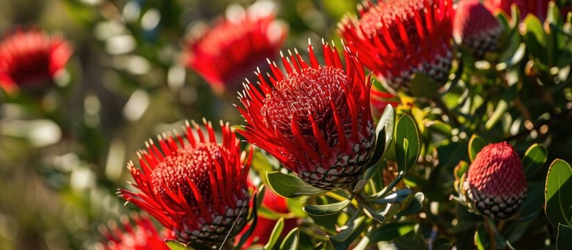 Bright red Pincushion Protea flowers blooming in full sunlight in Worcester, Western Cape, South Africa.