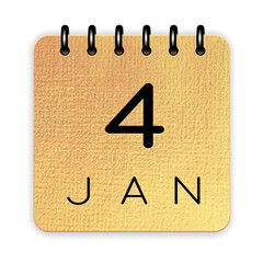4 day of the month. January. Luxury gold calendar daily icon. Date day week Sunday, Monday, Tuesday, Wednesday, Thursday, Friday, Saturday. Black text. White background.