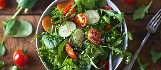 Nourishing salad with fresh veggies and utensil - obrazy, fototapety, plakaty