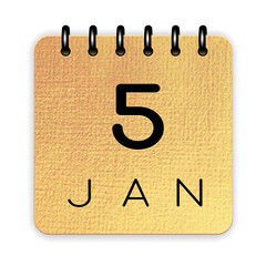 5 day of the month. January. Luxury gold calendar daily icon. Date day week Sunday, Monday, Tuesday, Wednesday, Thursday, Friday, Saturday. Black text. White background.