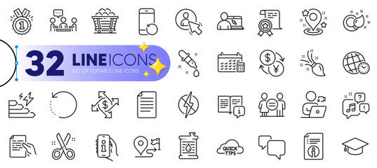 Outline set of Hold document, Manual and Approved line icons for web with Coal trolley, Chemistry pipette, Brush thin icon. Quick tips, Journey, Cut pictogram icon. Payment exchange. Vector