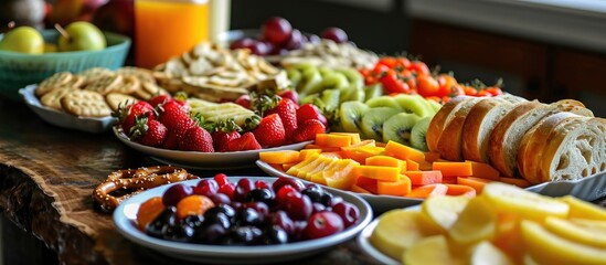 Snack tray for children with pretzels, fruit, rolls, and more.
