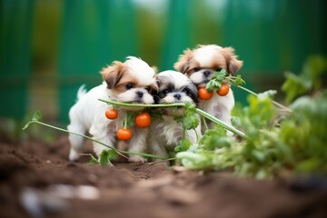 shih tzu puppies exploring a vegetable patch - obrazy, fototapety, plakaty