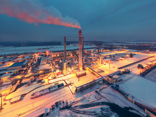 Coal power plant in winter evening produces electricity and heating for east bohemia households. Industrial landscape.