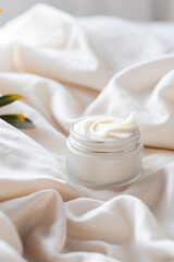 Fototapeta na wymiar empty bottle of the euphoria cream lying on top of a white linen, skin care skin care package