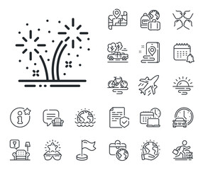 Pyrotechnic salute sign. Plane jet, travel map and baggage claim outline icons. Fireworks line icon. Carnival celebration lights symbol. Fireworks line sign. Car rental, taxi transport icon. Vector