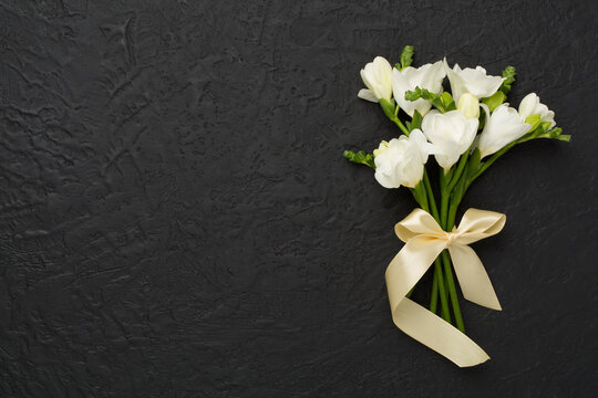White fresia flower on concrete background, top view