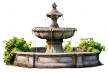 big water fountain  surrounded grass  in the garden isolated on transparent background, png file