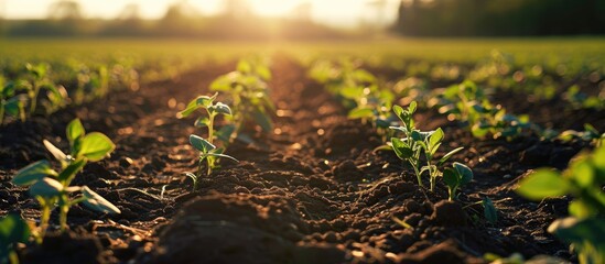 Soybean seedlings in field rows - obrazy, fototapety, plakaty
