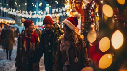 Fototapeta premium Happy Friends Celebrating Christmas Eve Together in Christmas Market Street