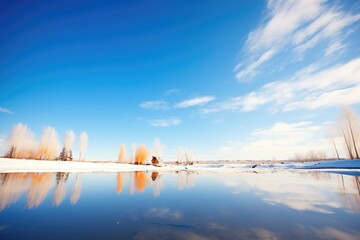 reflection of a clear blue sky on a frozen lake