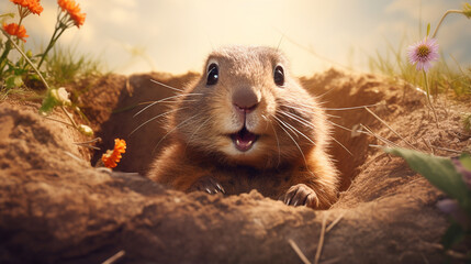 Cute fluffy groundhog wakes up in his hole on Groundhog Day. the arrival of spring. - obrazy, fototapety, plakaty