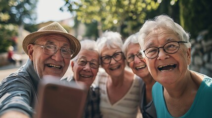 Senior Friends Smiling Outdoors, Taking Selfie on Summer Holiday