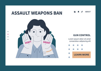 Gun control web or landing set. Second amendment ban. Weapon regulations law movement. Firearm violence. Mass shooting in public places and school. Flat vector illustration