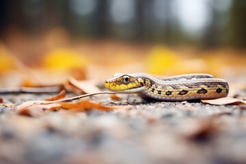 Naklejka premium garter snake in profile slithering along the ground