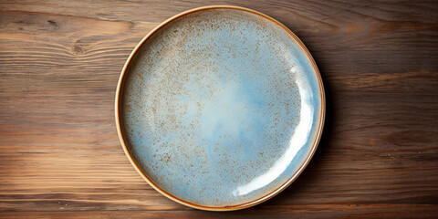Ceramic plate on a wooden table, top view - obrazy, fototapety, plakaty