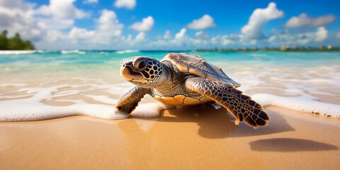 Baby sea turtle on a tropical sandy beach - obrazy, fototapety, plakaty
