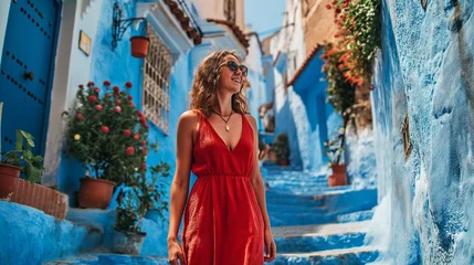 Gordijnen Young woman in red dress visiting Chefchaouen, Morocco - Travel concept © mattegg