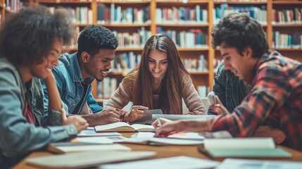 Multiracial University Students Engage in Group Study at High School Library - obrazy, fototapety, plakaty