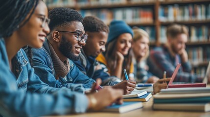 Multiracial University Students Engage in Group Study at High School Library