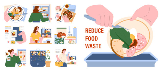 Leftovers set. Sustainable cooking, repurpose nextovers to reduce food waste. Correct meal storage, freezing and canning. Meal plan development and conscious consumption. Flat vector illustration - obrazy, fototapety, plakaty