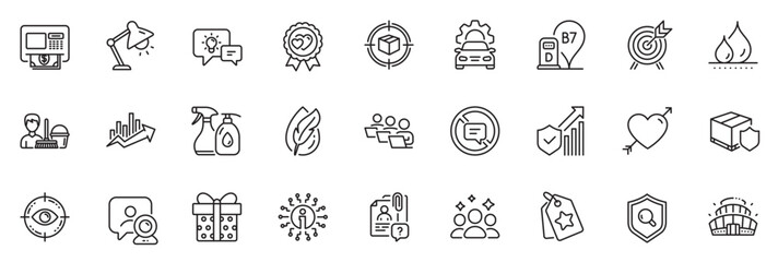 Icons pack as Growth chart, Video conference and Idea lamp line icons for app include Info, Eye target, Diesel station outline thin icon web set. Delivery insurance, Cleaning service. Vector