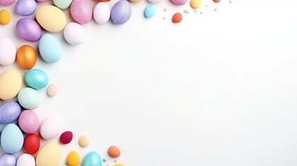 Fototapeta na wymiar multi-colored Easter eggs on a white background, top view, space for text