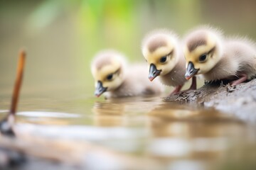 goslings peering curiously into the water
