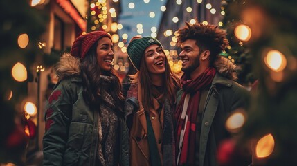 Fototapeta premium Multiethnic Friends Celebrating Christmas Holiday Under Tree Decoration