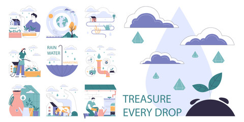 Rainwater harvesting set. Sustainable practice of urban water preservation and its use in gardening and farming. Natural water cycle. Flat vector illustration