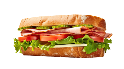 Sandwich with ham and vegetables. Isolated on transparent background