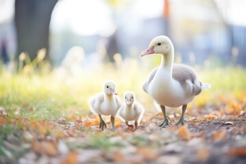 geese teaching goslings to peck the ground - obrazy, fototapety, plakaty