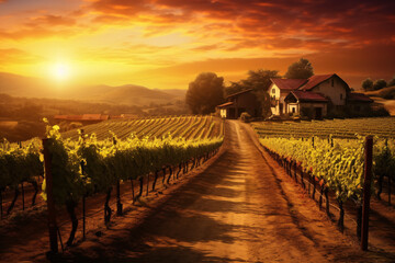 A vista of grapevines, a quaint winery, and the mellow rays of the sundown create a beautiful scene.