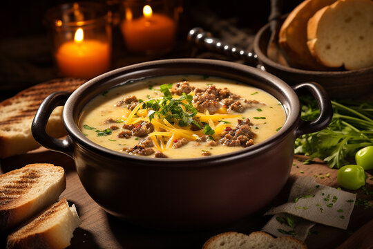 Country cheeseburger soup in a ceramic bowl