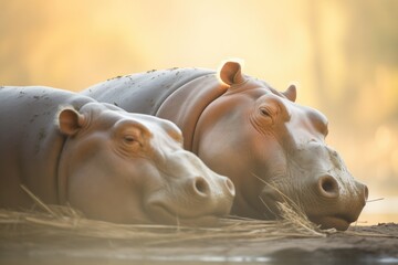 side view of hippos sleeping in warm sunlight