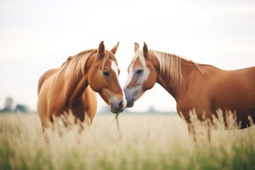 Fototapeta premium pair of horses nuzzling in a field