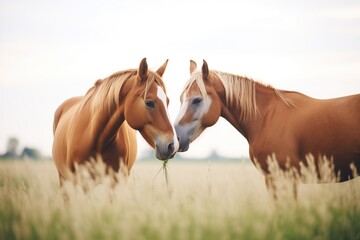 pair of horses nuzzling in a field
