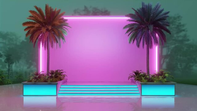 Slow approach to a neon pink stand with neon turquoise steps and palm trees on the sides, 3D renderer