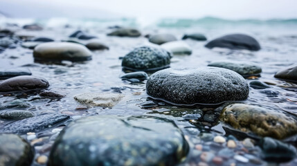 Close-up of gray wet pebbles in waterfall. Natural stones in drops of water in the background of the lake.
