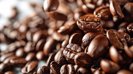 Close-up shot of isolated coffee beans on a white background.