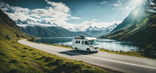 Camper parked at mountains in background. Ai generative.
 - Powered by Adobe