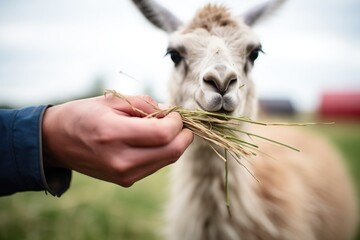 a llama in a field, approaching a hand with hay
