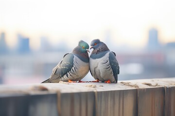 pair of pigeons cooing softly on a city ledge - obrazy, fototapety, plakaty