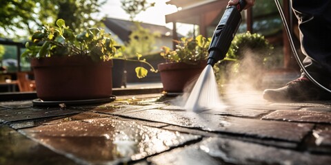 Thoroughly cleanse terrace using powerful water jet to remove grime from paving. - obrazy, fototapety, plakaty