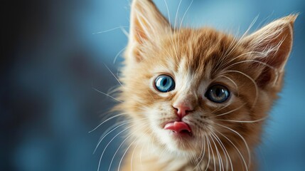 Amusing feline licks its mouth. Close-up of a white and red kitty with stunning azure gaze gazing forward. Adorable famished cat. Professional picture. Blank area for words.