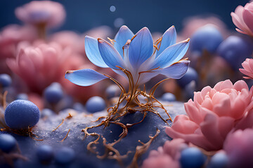 A blue flower with pink petals with gold roots HD wallpaper