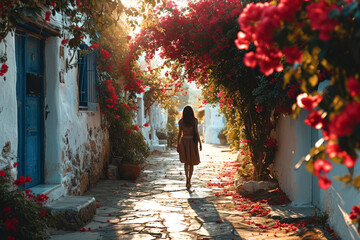 woman walks down a charming alley adorned with vibrant bougainvillea in a quaint Mediterranean village