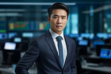 Obraz premium Concentrated serious Asian businessman portrait at financial stock market, money and business concept.